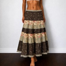 Vintage Italian Earthy Boho Patchwork Tiered Lagenlook Cotton Maxi Skirt Sz S/M