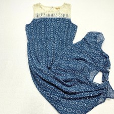 Wrangler Boho Lace Yoke Maxi Dress Womens Size M Blue Floral Western Sleeveless
