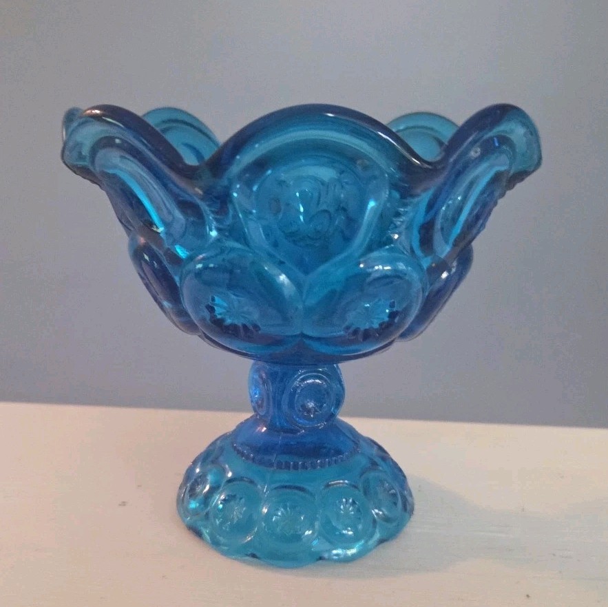 Vintage LE Smith Moon & Stars Colonial Blue Glass Compote Footed Candy Dish 5.5