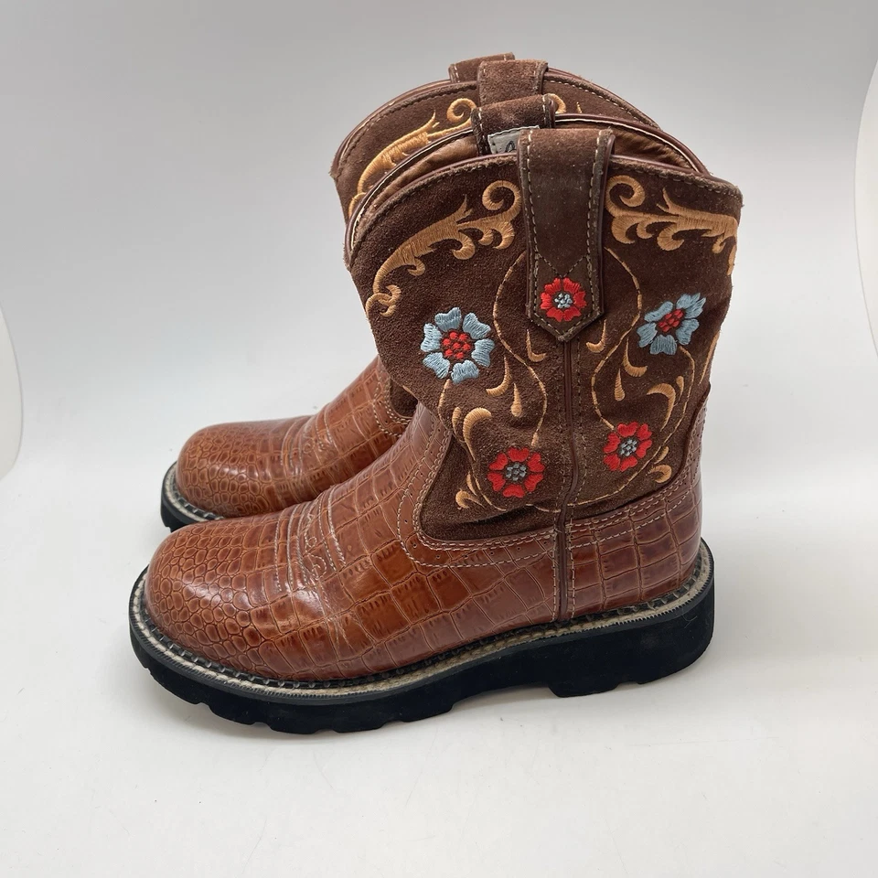 Ariat Fat Baby Boots Womens 7 B Brown Leather Floral Hertiage Western Cowgirl - Image 3 of 4