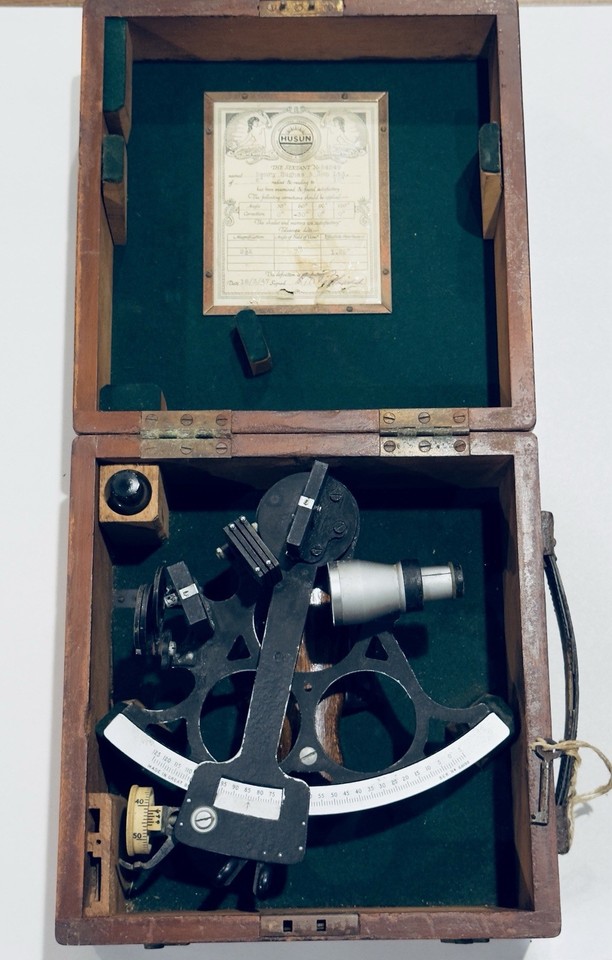 1947 Vintage Henry Hughes & Son Husun Sextant Fitted Box with Key & Paperwork