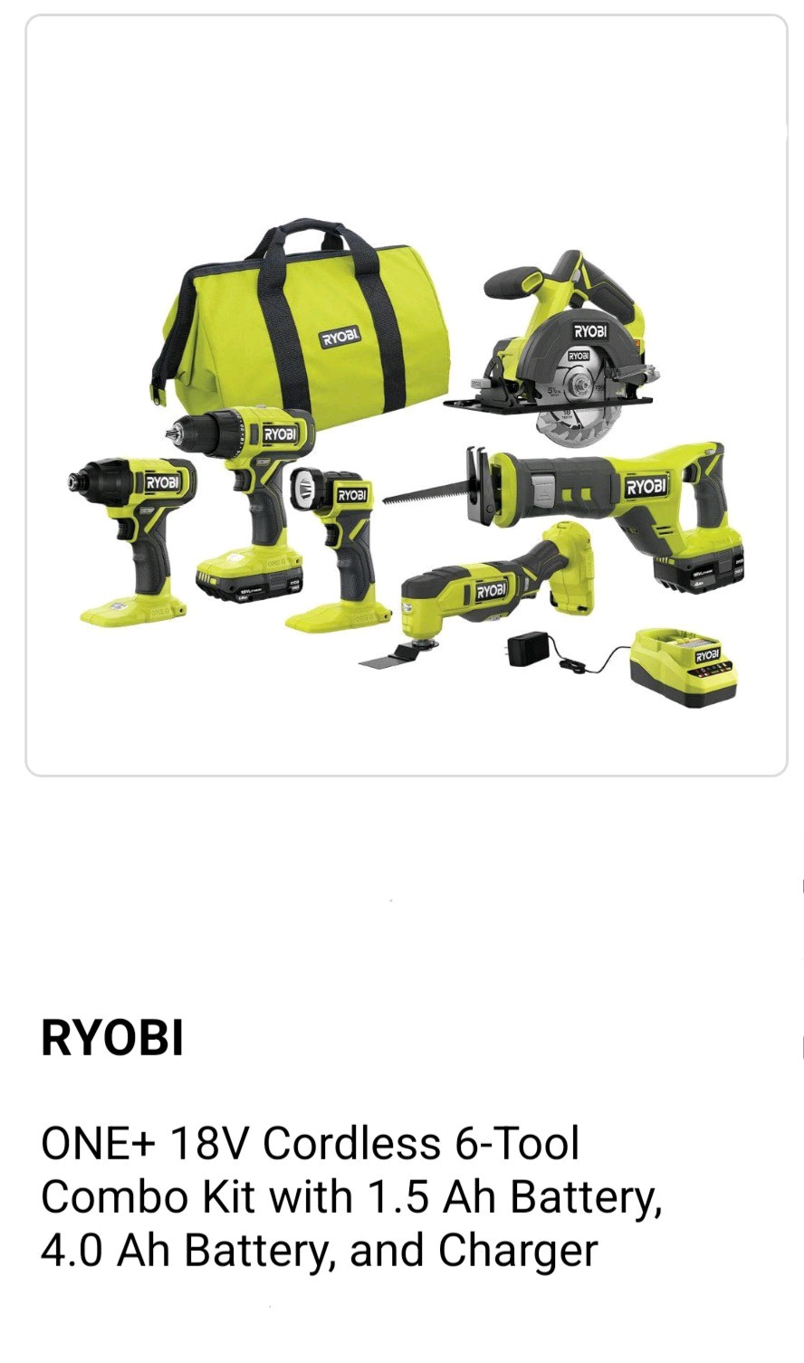 Ryobi ONE+ 18V Cordless 6-Tool Combo Kit With 1.5 Ah, 4.0 Ah Batteries & Charger
