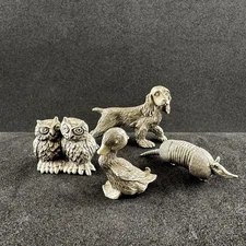 Mini Pewter Animal Lot of 4 Armadillo, Spaniel, Duck, Owls Trinket Shelf Decor