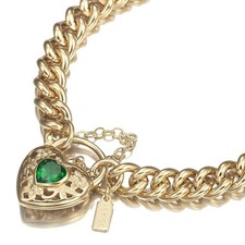 18K GL Solid Curb Gold Bracelet with Filigree Heart Padlock & Emerald Green Gem