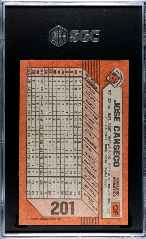 Bowman José Canseco 1989 #201, A's Legend SGC GEMA COMO NUEVA 10, ¡hermosa tarjeta pop 1! Foto 2 de 3