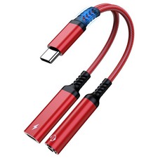 Marsno USB C to 3.5mm Headphone and Charger Adapter, 2-in-1 Type C Red