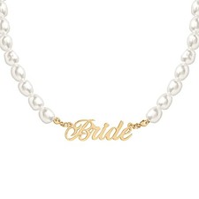 Bride Pearl Beaded Necklace, 16" Choker, Bride Gold Nameplate Bachelorette