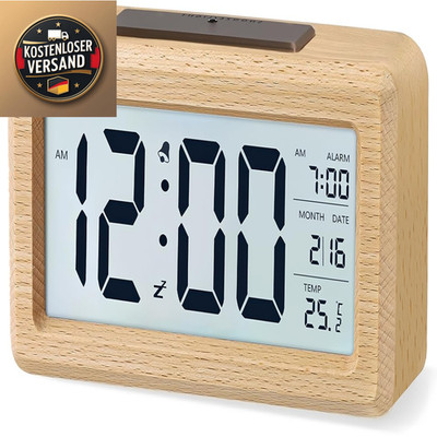 Digital Wecker Holz Tischuhr mit Nachtlicht Datum Temperatur Snooze
