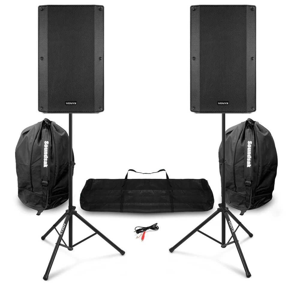 Vonyx VSA150S 15" Active PA Speakers Package with Stands & Bags