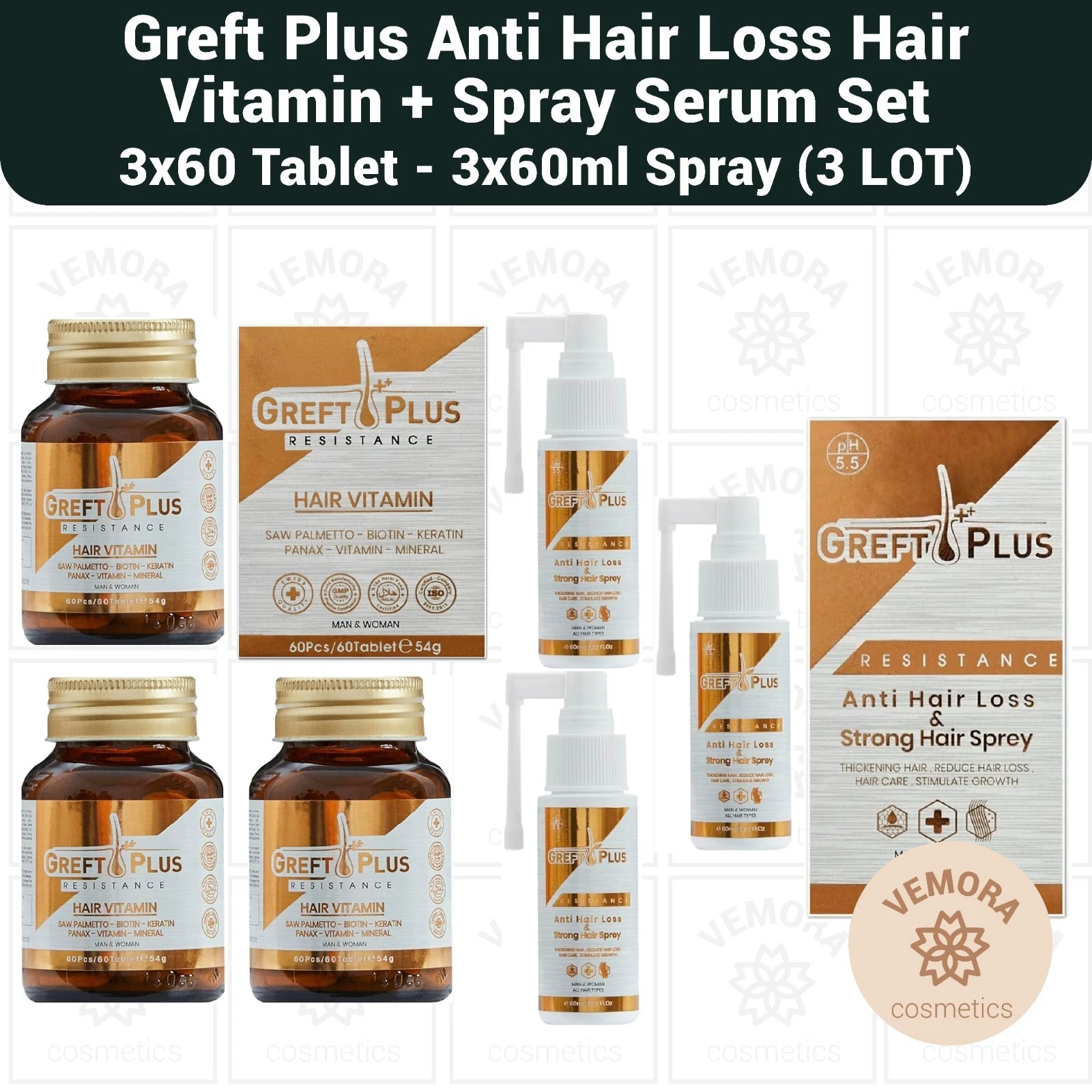 Greft Plus Anti Hair Loss Spray + Hair Vitamin Set - 3LOT