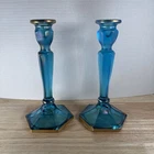 Vintage Pair 8.5” Fenton Northwood Blue  Iridescent Candlestick Holders Gold