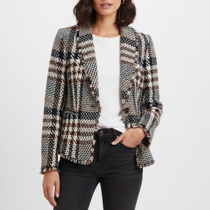 ANN TAYLOR Houndstooth Tweed Fringe Blazer Jacket Navy Cream Red Size 4
