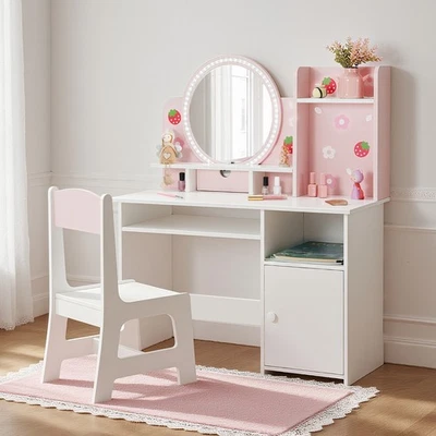 JOYLDIAS Pink Kids Vanity Desk Chair Set Girl Makeup Dressing Table w/Mirror,LED Lights