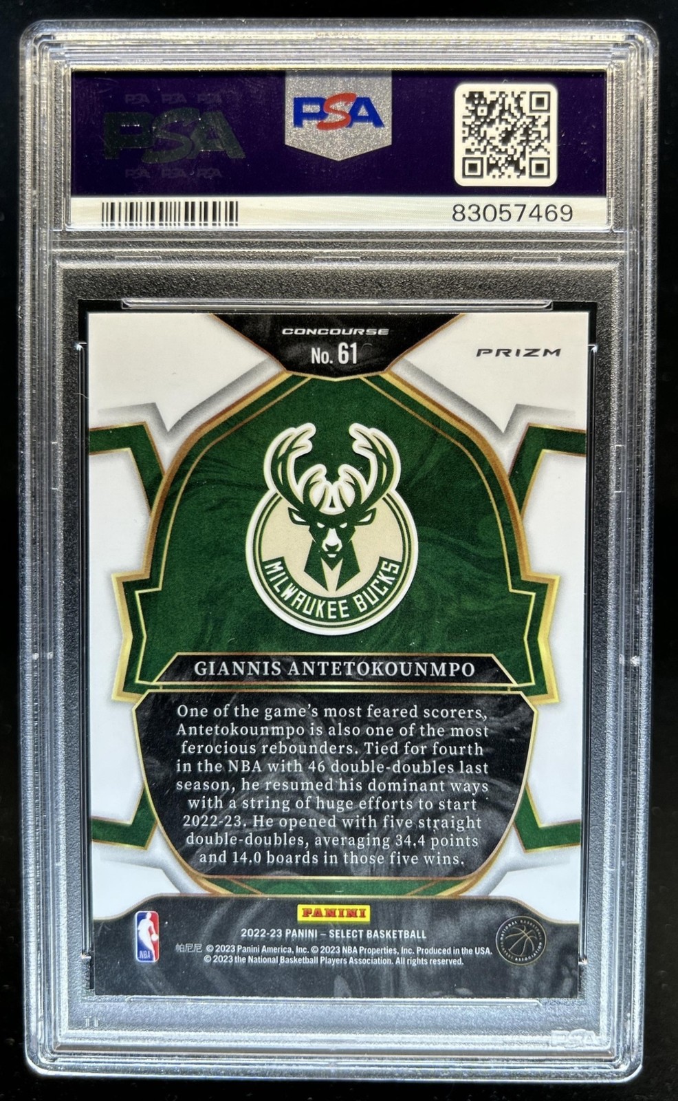 2022-23 Select Giannis Antetokounmpo Blue Cracked Ice Prizm Concourse #61 PSA 9 view 2
