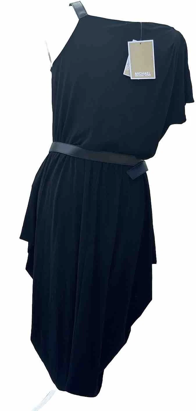 Abito Michael Kors nero manica unica cintura fluidi strati fibbia cinturino estate med