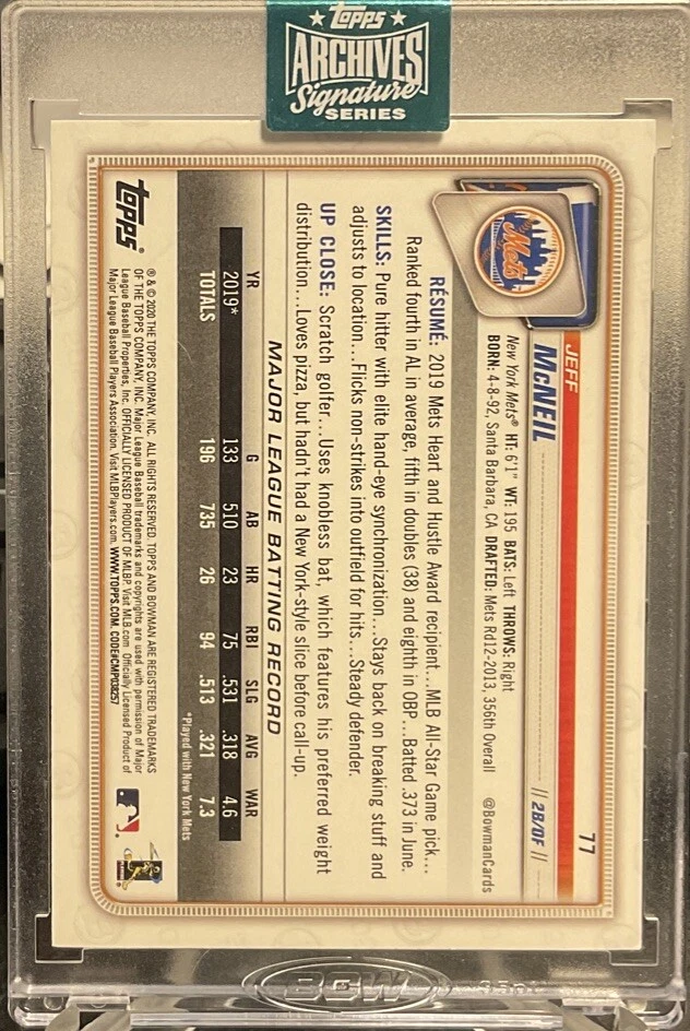 2024 Topps Archives Signature Series Jeff McNeil 2020 Bowman Auto /99 Mets - Image 2 of 2