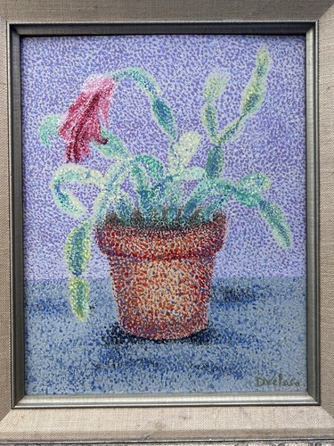 Pointillism Oil on Board Vintage Impressionist Still Life, Framed Signed Veloso - Picture 17 of 19
