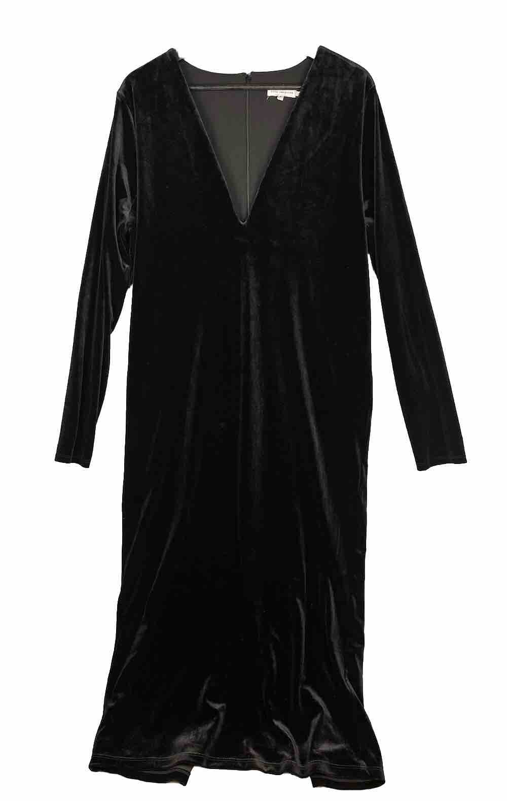 Good American Black Velvet V Neck Plunge MIDI Dress Sz 6 Mesh Stretchy