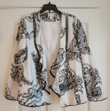 Chicos White/Black Linen Lined Blazer Size 2 Ruffled Open Front Black Pom Trim