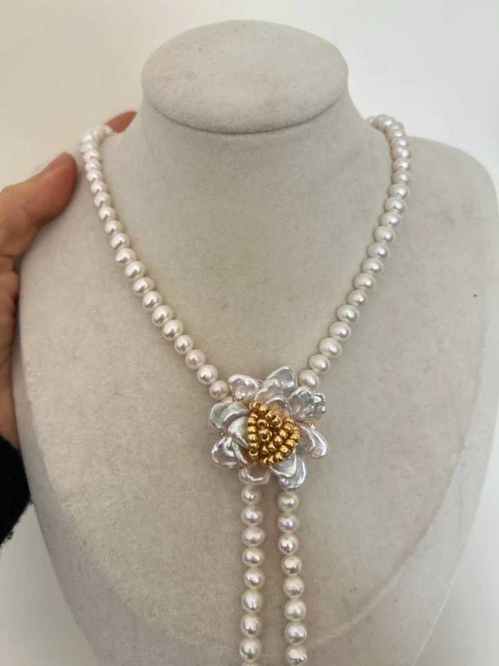 Handmade Elegant Pearl Flower Brooch/Pendant - Two-Way Wear |Copper Gold-Plated - Image 3 of 4