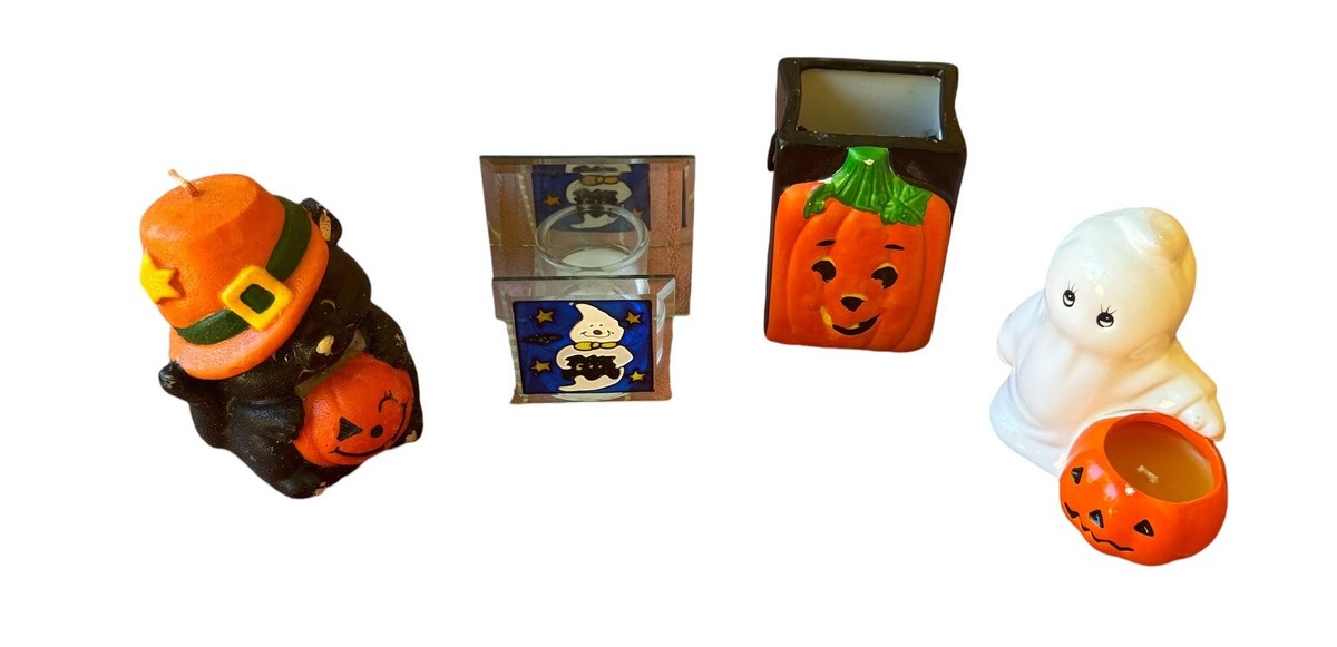 Set Of 4 Halloween Black Cat & Ghost Candle & Candleholder  display picture 1