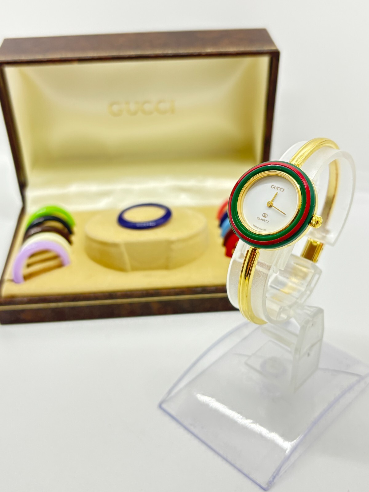 [ Exc+5 w/Box ] GUCCI 11/12 Change Bezel Watch 12 Color White Dial Quartz Used