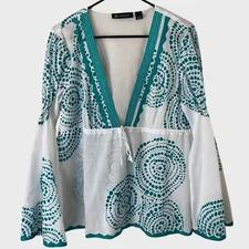 INC International Concepts Boho V-Neck Blouse Women's 14 Dot Print Bell Sleeves