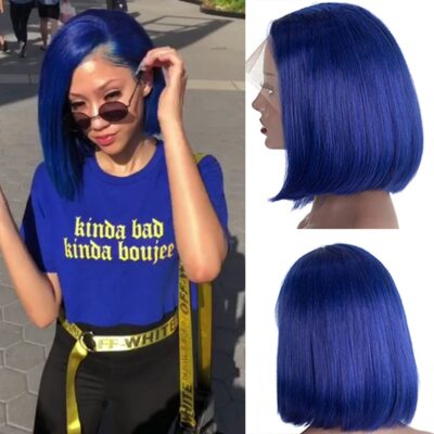 Blue Bob Wigs Cut Pre Plucked Human Hair wigs Lace Front Wigs 10 inch 13x4