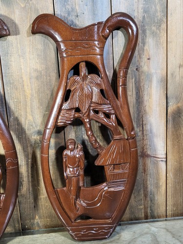 Vintage 23" Wood Carved Tiki Polynesian Wall Plaque Man Woman Coconut Palm set 2 - Picture 3 of 13