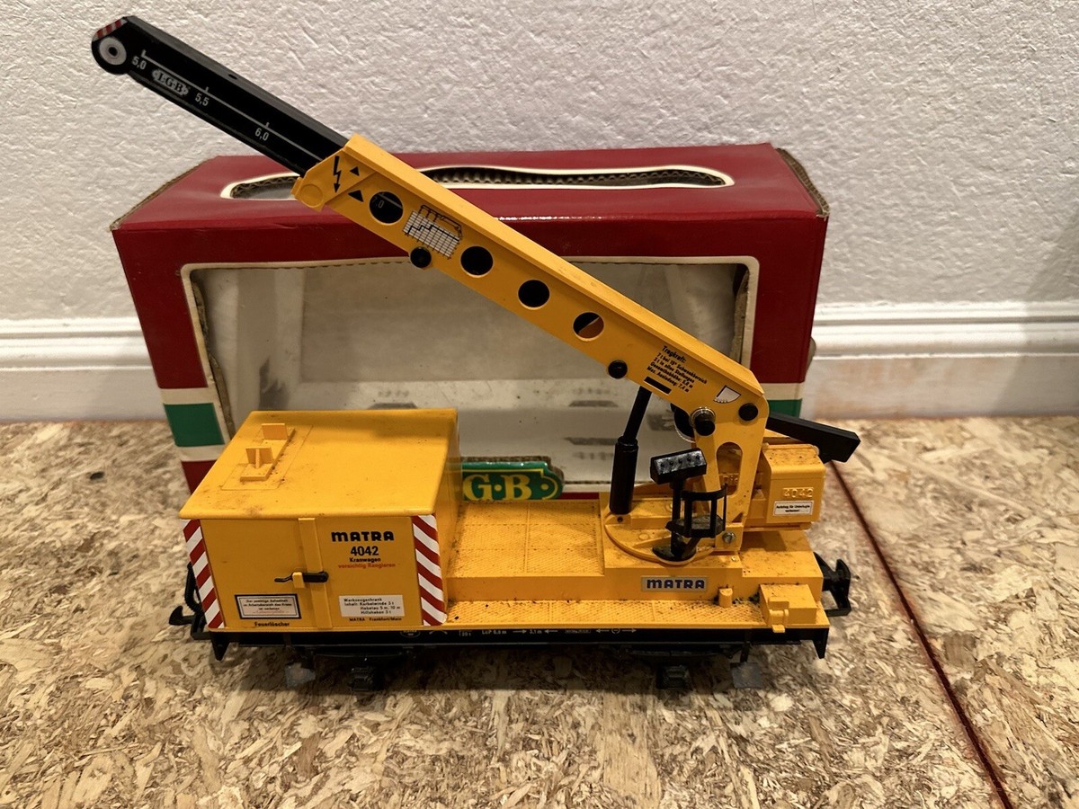 Boxed LGB Lehmann 'The Big Train' G scale 70402 construction locomotive and  coach pack, complete LGB 4042 マトラ イエロー コンストラクション クレーン カー 箱付き G スケール