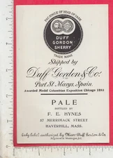 A804 Duff Gordon Sherry, Port St. Marys Spain label F. E. Hynes, Haverhill, MA