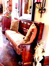 Antique 7.5' French Carved Walnut Bench Pew Lion Paw Feet Bullion Fringe Cushion