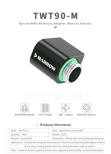 Barrow G1/4" Mini 90 Degree Rotary Connector 21MM Elbow Adapter Male to Female - Afbeelding 6 van 11