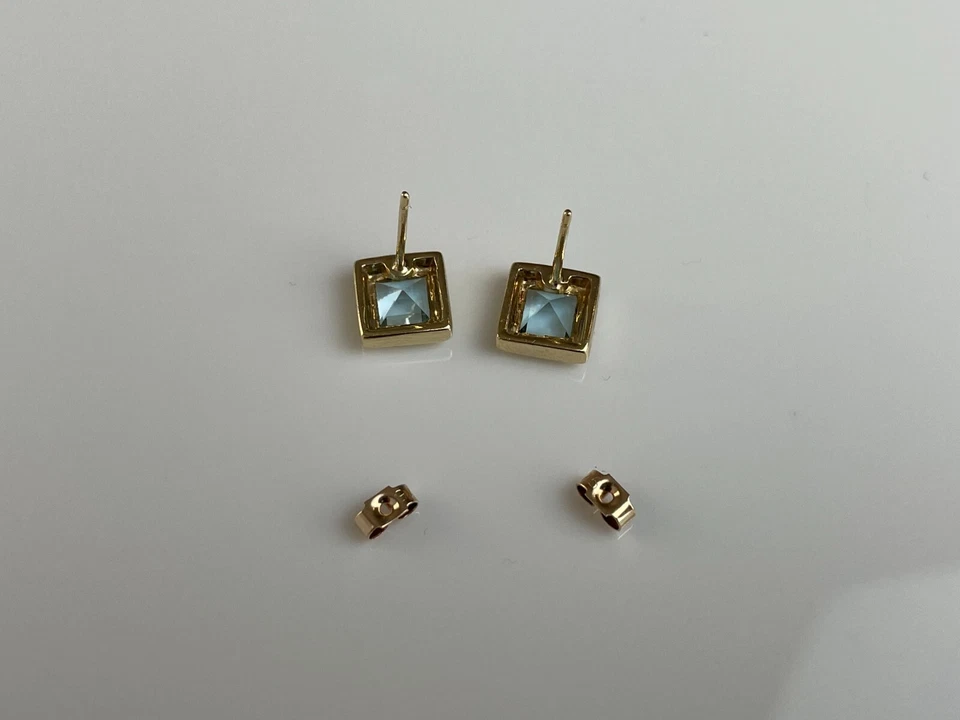 Pendientes Aguamarina Oro 9ct 1.50ct Corte Princesa Aguamarina Pendientes Vintage Foto 4 de 4