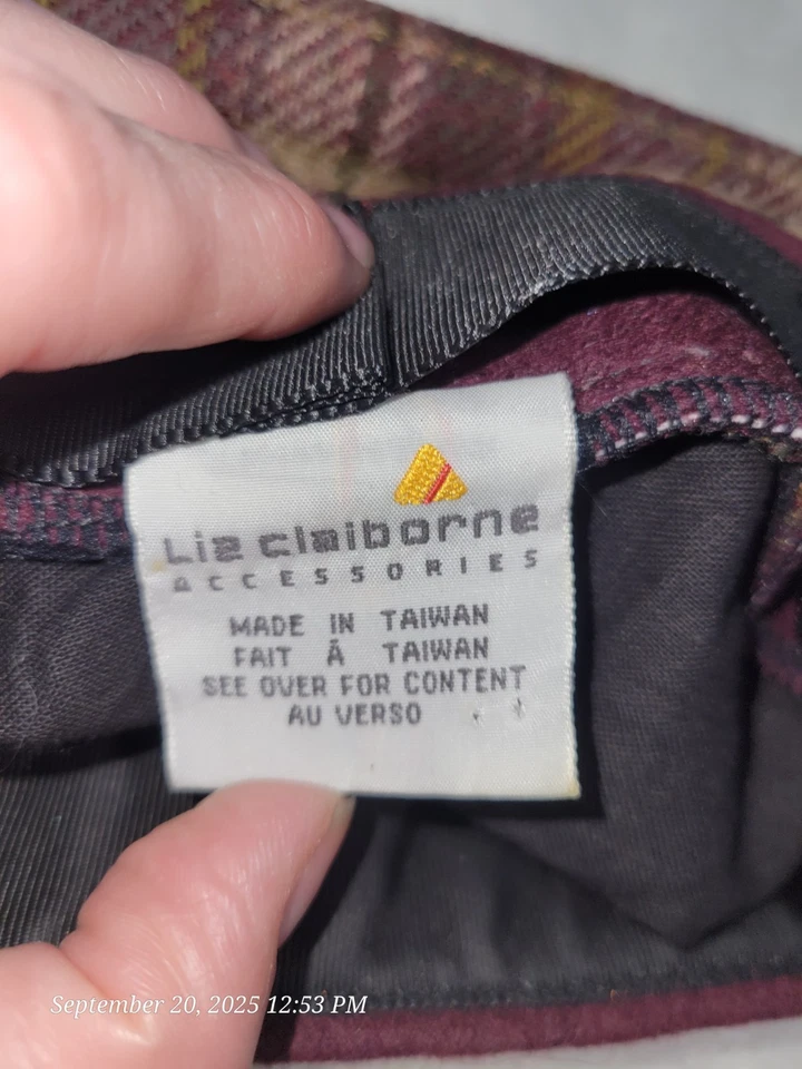 Boina para mujer Liz Claiborne vintage 1992 púrpura/bronceado mezcla de lana a cuadros Foto 3 de 4
