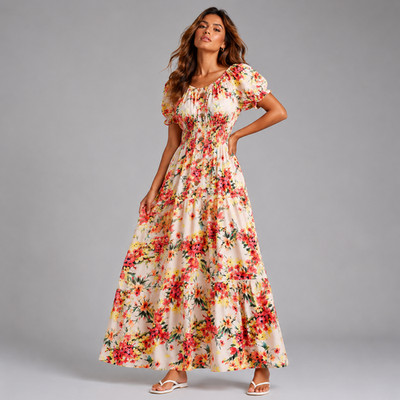 Cremefarbenes geblümtes Bardot Gypsy Maxikleid