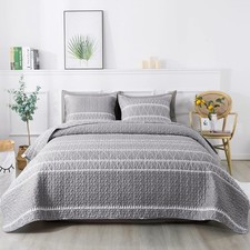Andency Grey Quilt Set California King 112x104 Inch , 3 Pieces 1 Striped
