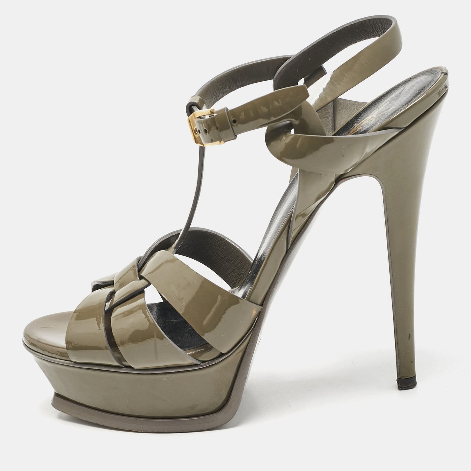 Saint Laurent Olive Green Patent Leather Tribute Platform Sandals Size 38 EU