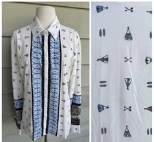 Vtg PANHANDLE Western Shirt Tipi Arrows Native Indian Polyester Blue White Sz L