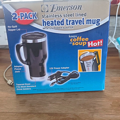 Emerson 2-Pack Heated Travel Mugs Stainless Steel Lined, 12V Adapter, Sipper