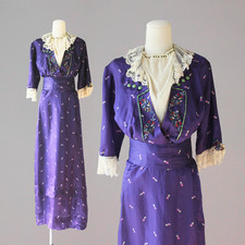 Antique 1910s Edwardian Purple Printed Silk Embroidered Dress Stunning EX COND 