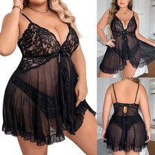 Plus Size Sexy Lingerie Dress Lace Babydoll Chemise Sleepwear G-string Sets