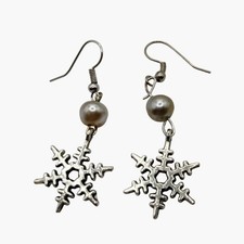 Snowflake Earrings Faux Pearl Dangle Silver Tone