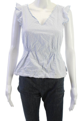 J Crew Womens Light Blue Polka Dot V Neck Zip Short Sleeve Blouse Size 0P