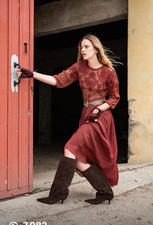 NWT_ZARA FW25 ZW COLLECTION COMBINATION EMBROIDERED DRESS Maroon 6895/283_S,M