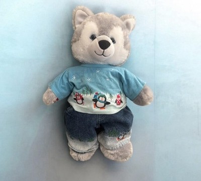 Build A Bear Great Wolf Lodge Plush Gray Wolf 16'' w/ Blue Penguin Shirt & Jeans