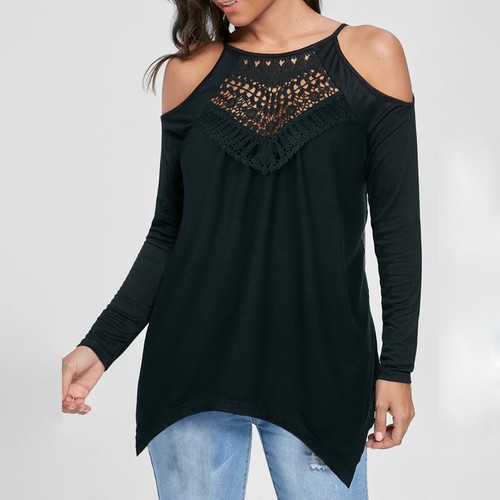 Women Lace Boho Cold Shoulder Tunic Tops T-Shirt Long Sleeve Casual Loose Blouse - Picture 4 of 16
