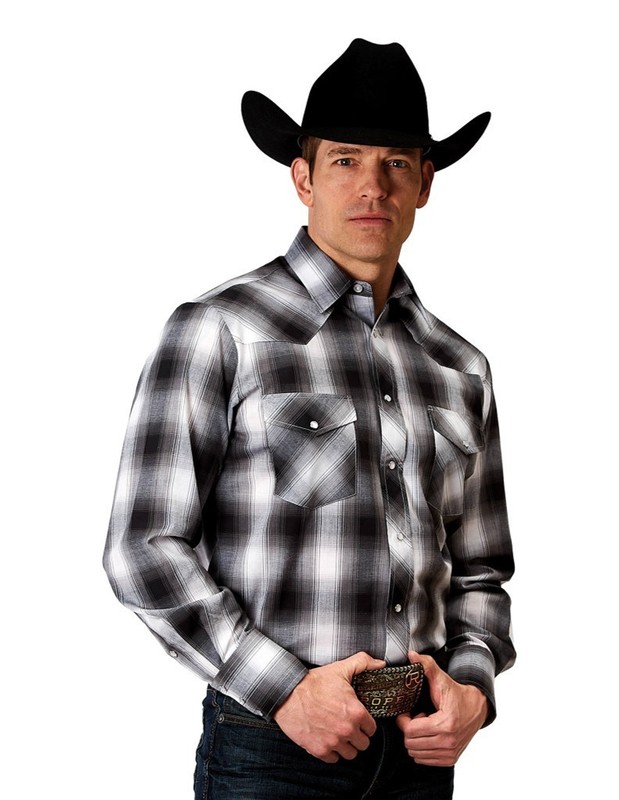 Roper Western Shirt Mens L/S Plaid Snap M Black 01-001-0101-3005 BL CLEARANCE