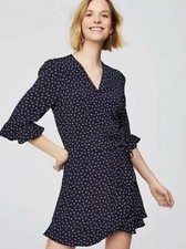 Loft Navy White Polka Dot Wait Tie Faux Wrap 3/4 Sleeve Mini Romper Dress Sz 00
