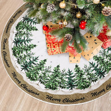 48 Inch Merry Christmas Tree Skirt Watercolor Cedar Snowflake Xmas Tree Mat for